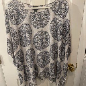 CHICO’s — elegant blue and white top with tassels! -- XL.